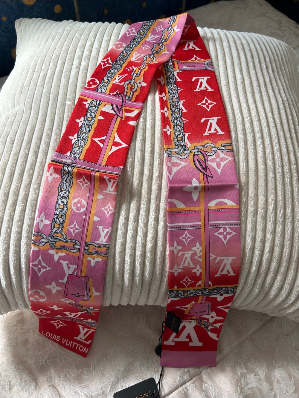 Pink & Red Double Sided 100% Silk Monogram Twilly or Neck Scarf
